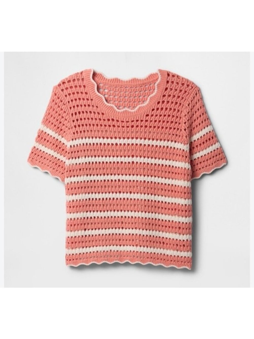 GAP Women Sz L Sweater Top Crochet Short Sleeve Pink Coral Stripe Scallop Cotton